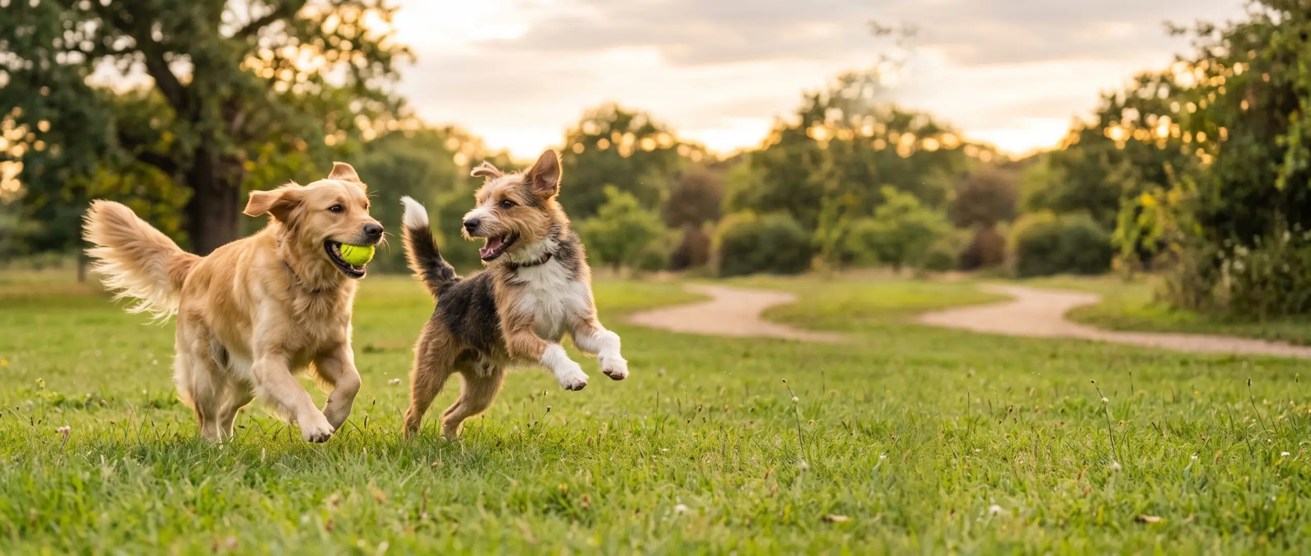 Two dogs playing with a tennis ball in a park