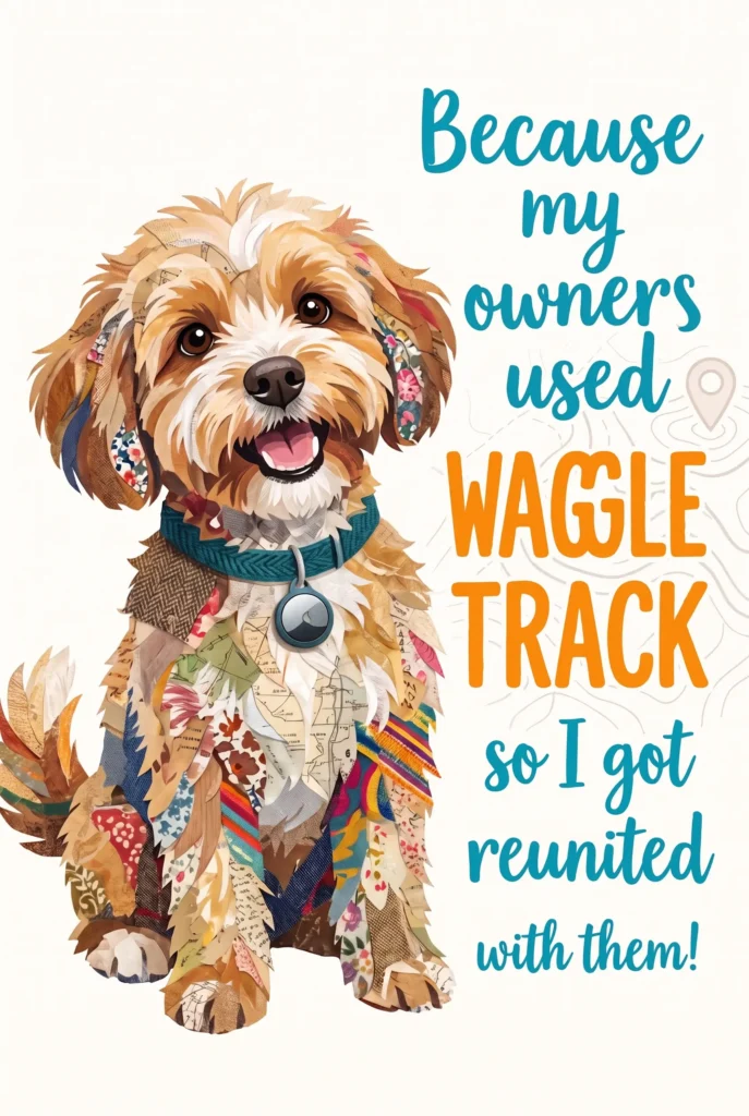 Collage illustration of a happy scruffy dog wearing a tag